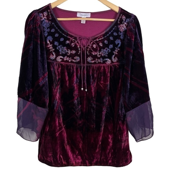 Whimsigoth Boho Velvet Burgundy & Purple Tie-Dyed Look Peasant Top Size Medium - Picture 1 of 12